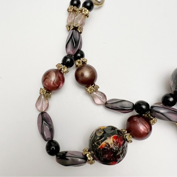 Vintage Black Purple Floral Glass Papier-mâché Beaded Funky Necklace Handmade - Picture 4 of 6